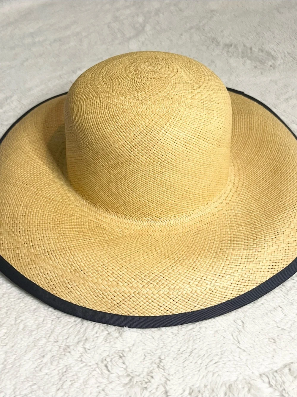 Vintage Charter Club Yellow Straw Sun Hat with Navy Blue Edge and Under Side